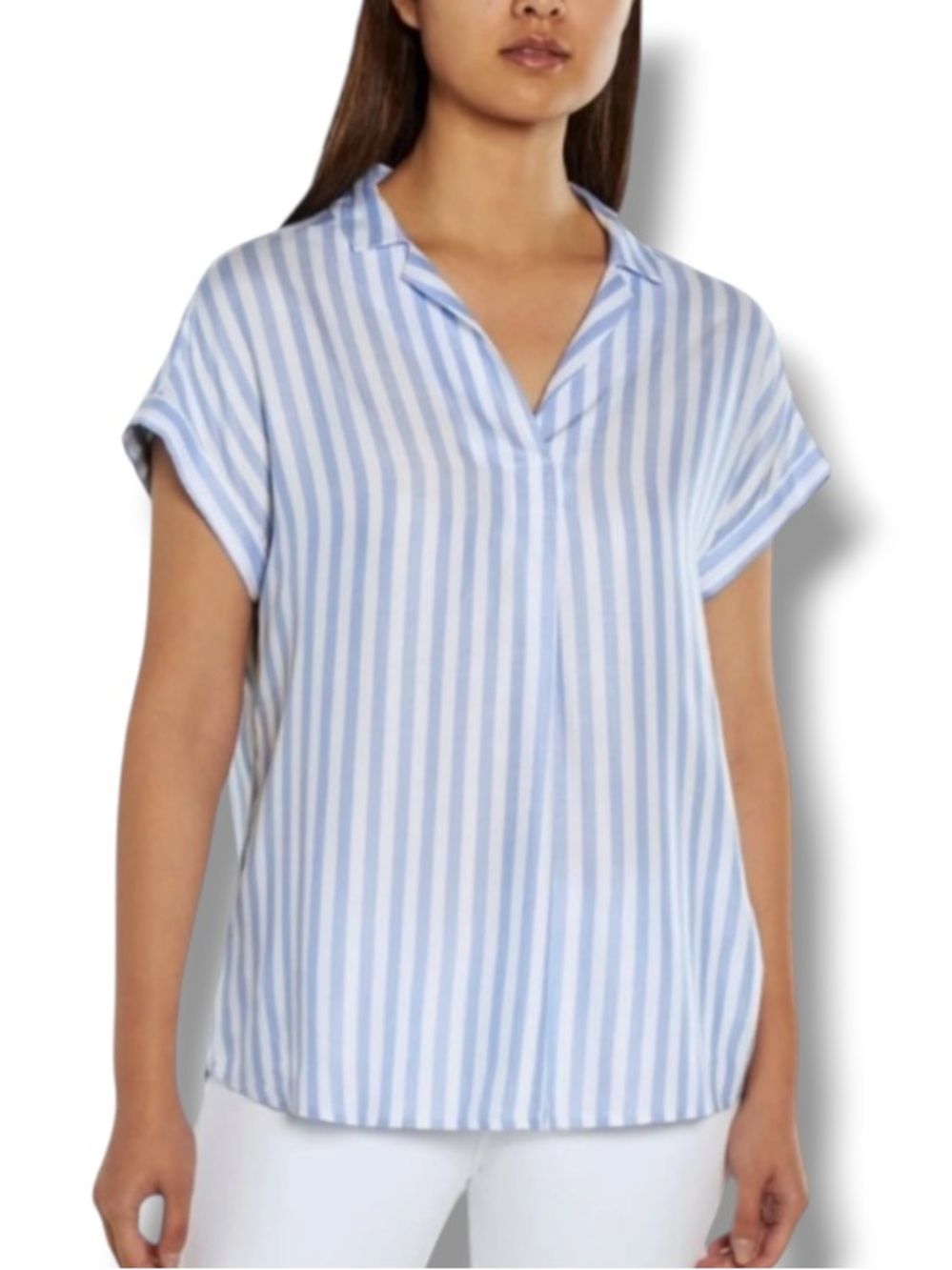 GAP Women's Soft Collared Popover Blouse Top Shirt Striped Nautical Blue White